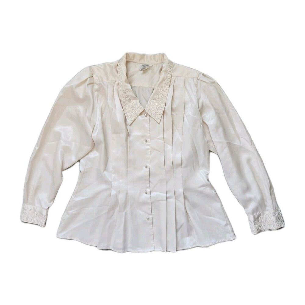VTG TJW by Mervyn’s Satin Blouse Ivory Embroidered Collar Pearl Button Sz 12 EUC